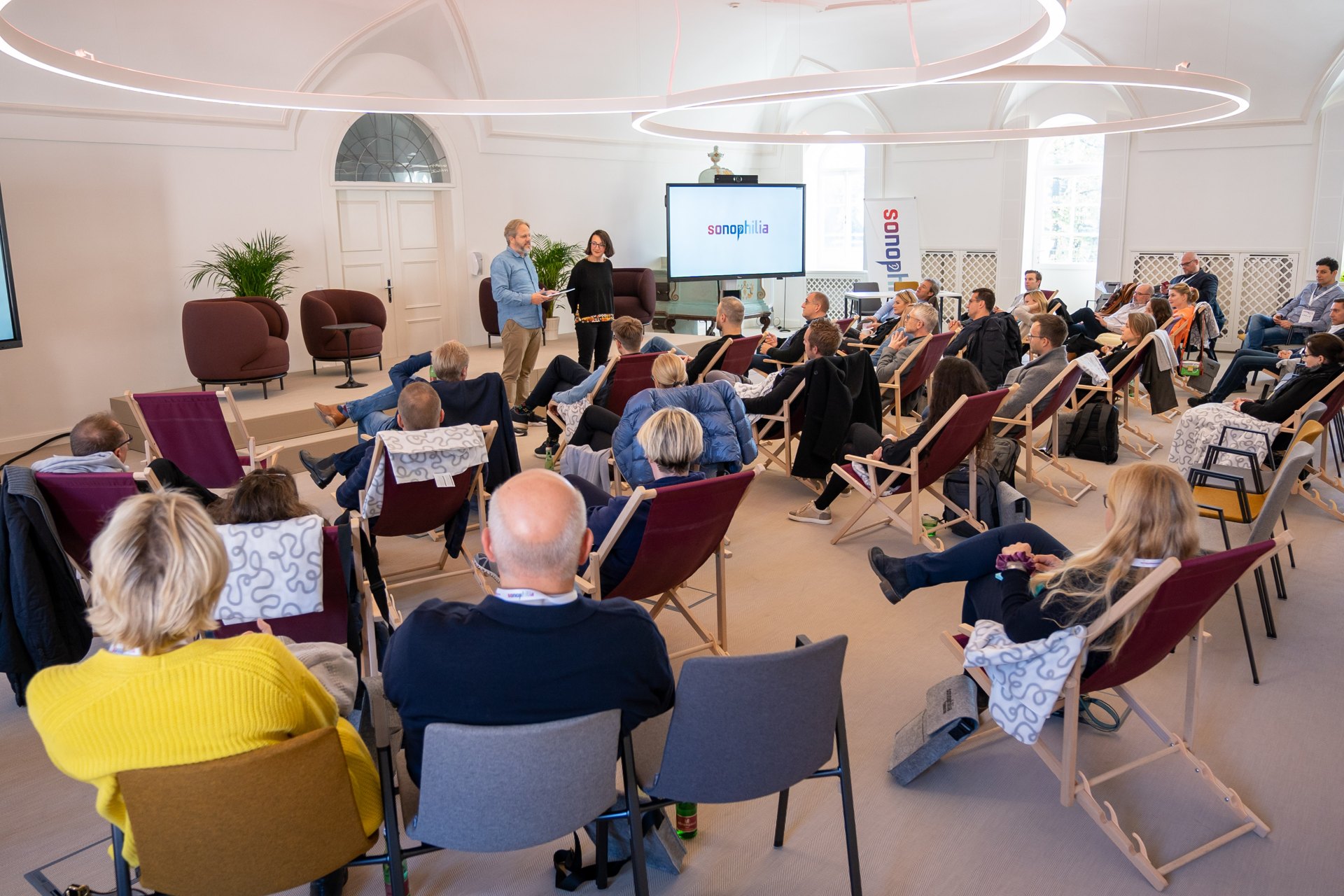 Participants seated in deckchairs during a Sonophilia Creative Leadership Forum discussion in 2021.